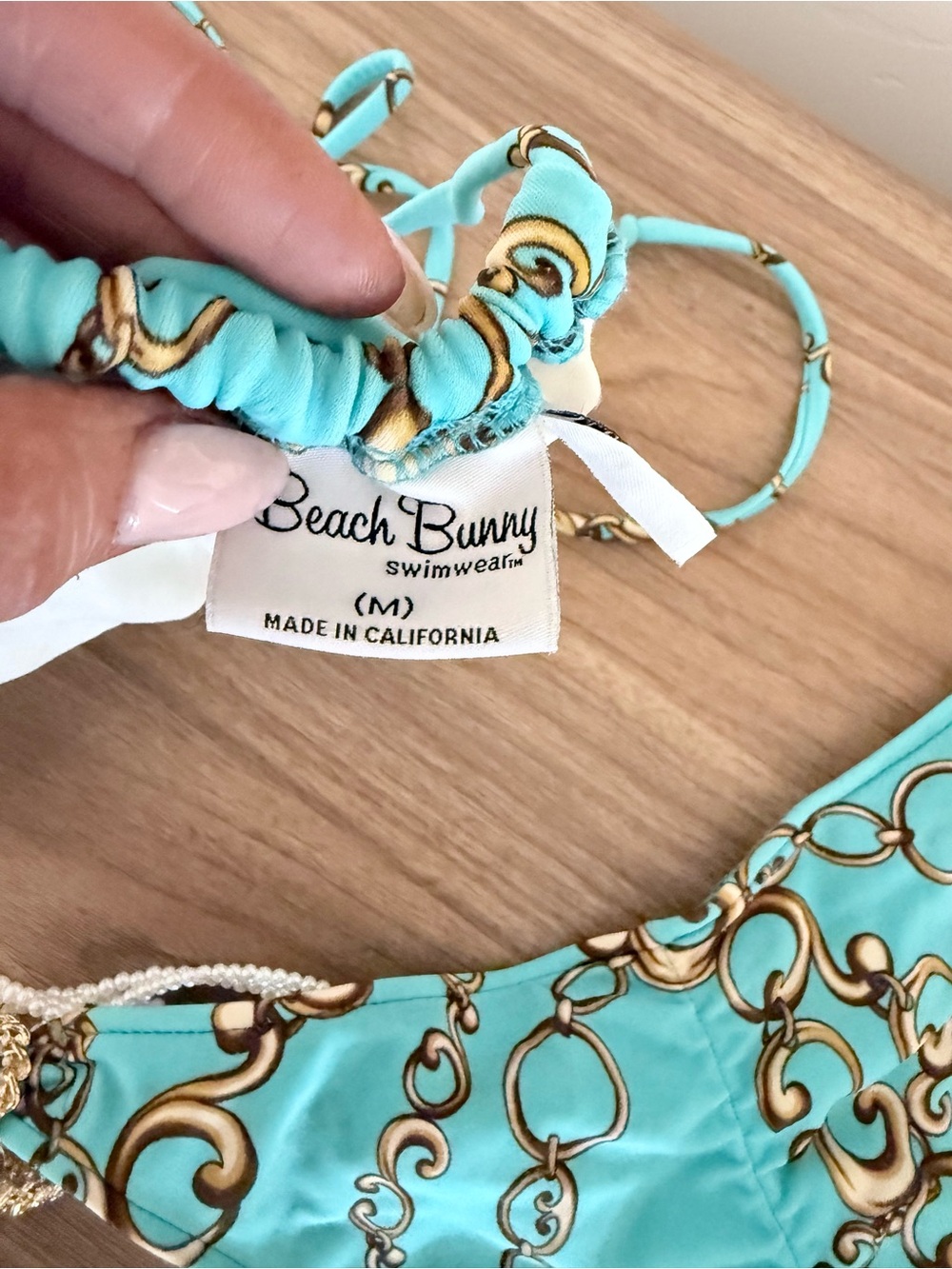 Beach Bunny Turquoise & Gold Chain Print String Bikini - Picture 5 of 6